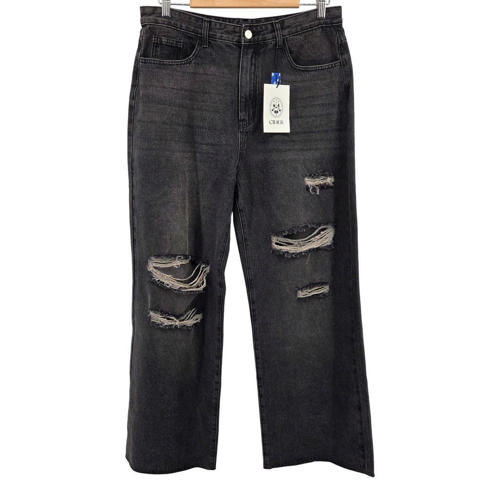 Cider Distressed Wide Leg Jeans Womens XL Black High Rise‎ Raw Hem Baggy Y2K
